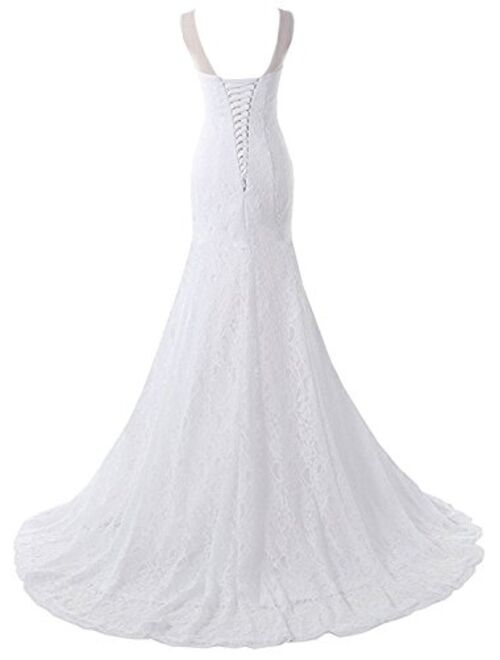 Pretygirl Women's Lace Wedding Dress V Neck Bridal Gown Long Evening Dress