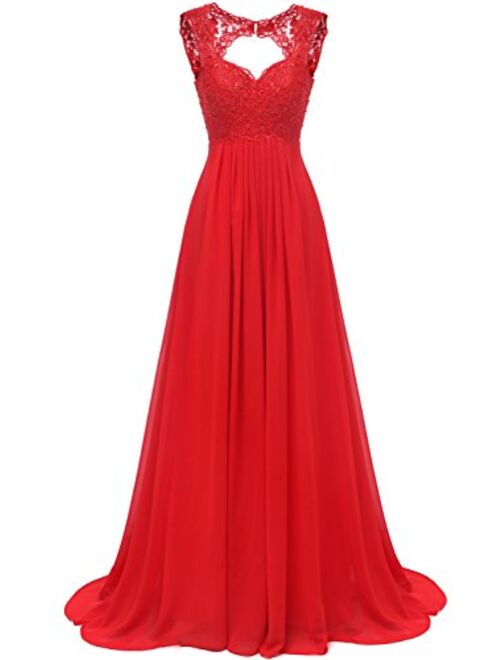 SUNVARY Women's Modest V-Neck Straps Lace Empire Hollow Evening Prom Dresses Sleeveless Swing Chiffon