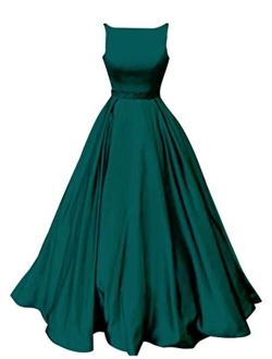 Prom Dresses Satin Long A-Line Formal Beaded Evening Gown with Pockets for Women