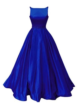 Prom Dresses Satin Long A-Line Formal Beaded Evening Gown with Pockets for Women