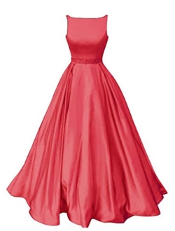 Prom Dresses Satin Long A-Line Formal Beaded Evening Gown with Pockets for Women