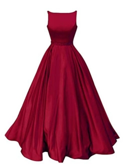 Prom Dresses Satin Long A-Line Formal Beaded Evening Gown with Pockets for Women