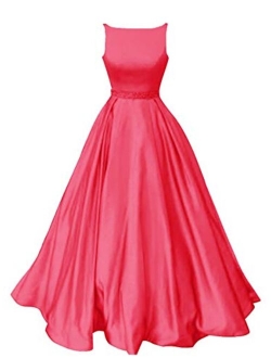 Prom Dresses Satin Long A-Line Formal Beaded Evening Gown with Pockets for Women