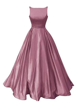 Prom Dresses Satin Long A-Line Formal Beaded Evening Gown with Pockets for Women