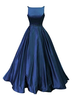 Prom Dresses Satin Long A-Line Formal Beaded Evening Gown with Pockets for Women