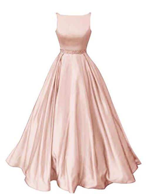 Prom Dresses Satin Long A-Line Formal Beaded Evening Gown with Pockets for Women