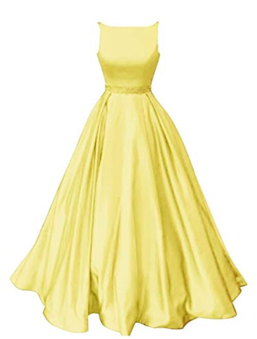 Prom Dresses Satin Long A-Line Formal Beaded Evening Gown with Pockets for Women