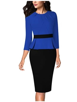 VFSHOW Womens Pleated Crew Neck Peplum Work Office Business Bodycon Sheath Dress