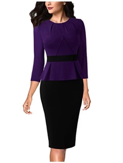 VFSHOW Womens Pleated Crew Neck Peplum Work Office Business Bodycon Sheath Dress