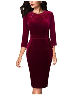 VFSHOW Womens Pleated Crew Neck Peplum Work Office Business Bodycon Sheath Dress