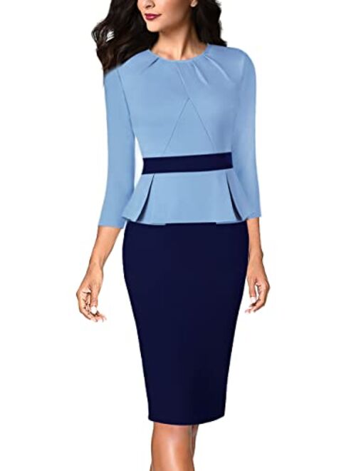 VFSHOW Womens Pleated Crew Neck Peplum Work Office Business Bodycon Sheath Dress