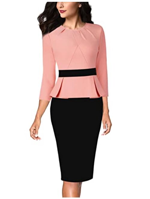 VFSHOW Womens Pleated Crew Neck Peplum Work Office Business Bodycon Sheath Dress