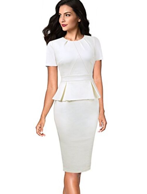 VFSHOW Womens Pleated Crew Neck Peplum Work Office Business Bodycon Sheath Dress