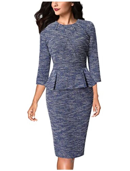 VFSHOW Womens Pleated Crew Neck Peplum Work Office Business Bodycon Sheath Dress