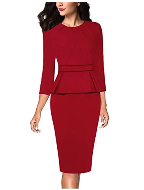 VFSHOW Womens Pleated Crew Neck Peplum Work Office Business Bodycon Sheath Dress