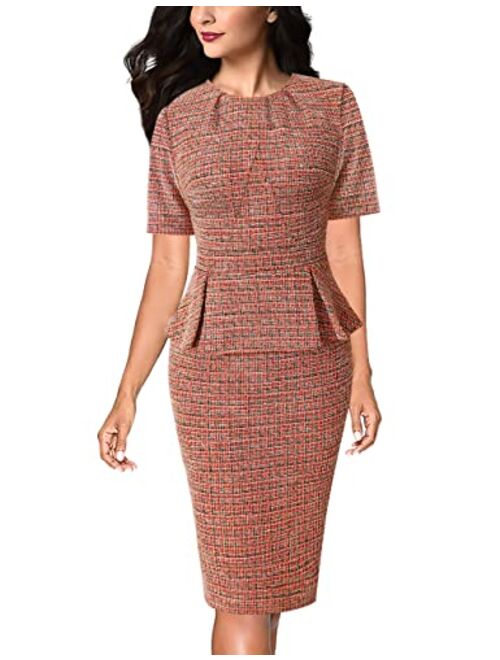 VFSHOW Womens Pleated Crew Neck Peplum Work Office Business Bodycon Sheath Dress