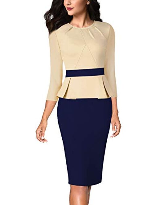 VFSHOW Womens Pleated Crew Neck Peplum Work Office Business Bodycon Sheath Dress