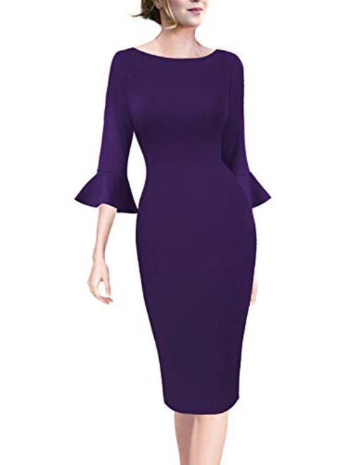 VFSHOW Womens Ruffle Bell Sleeve Work Business Cocktail Party Sheath Dress