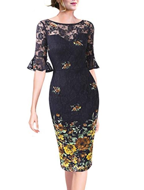 VFSHOW Womens Ruffle Bell Sleeve Work Business Cocktail Party Sheath Dress