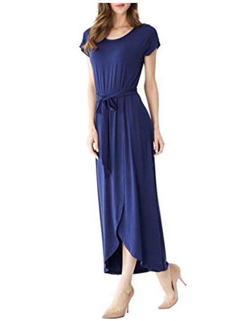 Aphratti Womens Casual Short Sleeve Slit Beach Asymmetrical Maxi Dress