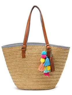 Straw Beach Bags Tote Tassels Bag Hobo Summer Handwoven Shoulder Bags Purse With Pom Poms