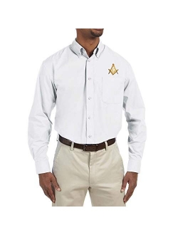 Gold Square & Compass Embroidered Masonic Men's Poplin Button Down Dress Shirt