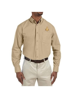 Gold Square & Compass Embroidered Masonic Men's Poplin Button Down Dress Shirt