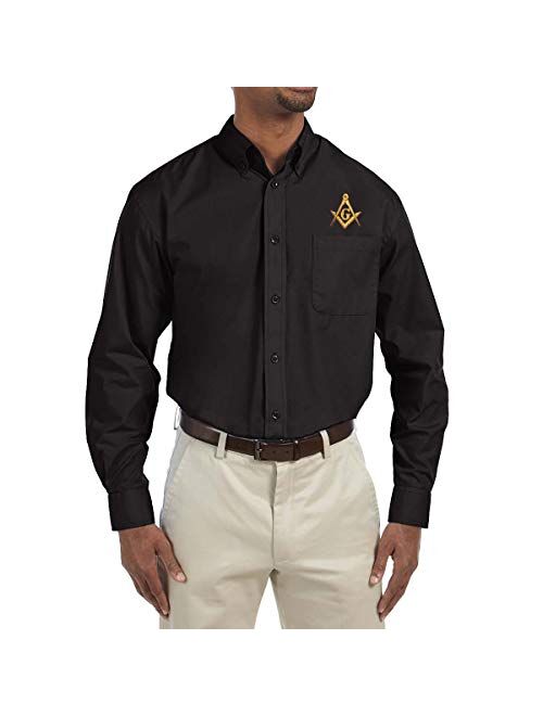 Gold Square & Compass Embroidered Masonic Men's Poplin Button Down Dress Shirt