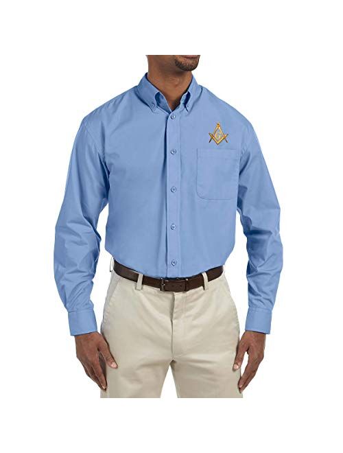 Gold Square & Compass Embroidered Masonic Men's Poplin Button Down Dress Shirt