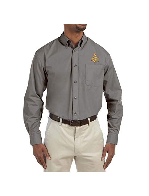 Gold Square & Compass Embroidered Masonic Men's Poplin Button Down Dress Shirt