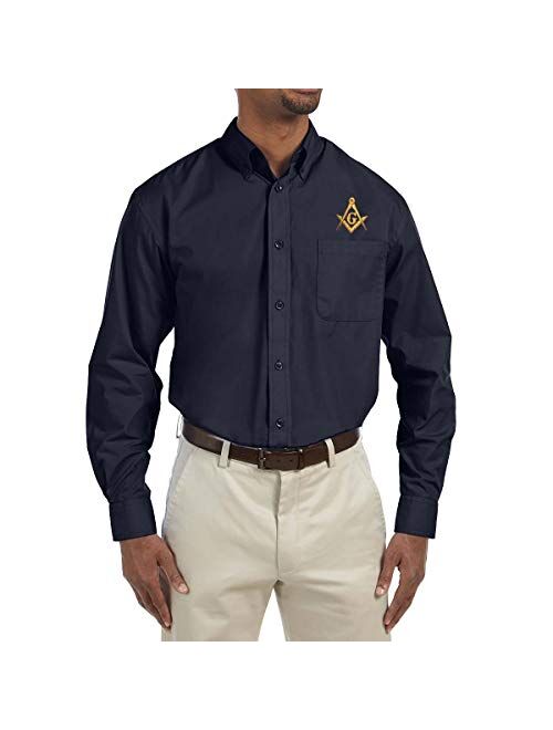 Gold Square & Compass Embroidered Masonic Men's Poplin Button Down Dress Shirt