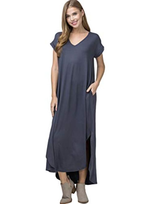 Buy Entro Women's Short Sleeve V Neck Loose Fit Knit Maxi Dress with Hi ...