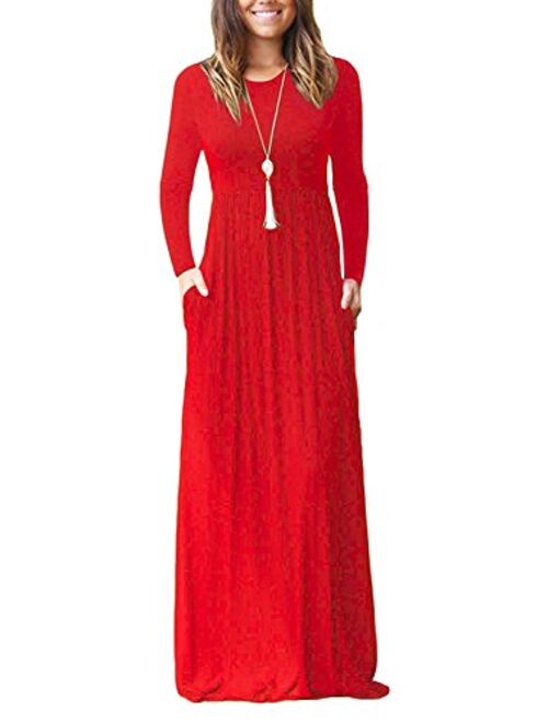 ThusFar Women's Plain Long Sleeve Round Neck Long Tunic Maxi Dress with Pockets