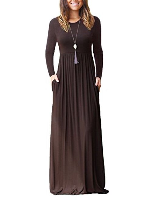 ThusFar Women's Plain Long Sleeve Round Neck Long Tunic Maxi Dress with Pockets