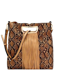 Snake Leopard Animal Print Fringed Vegan Leather Handle Satchel Crossbody Purse