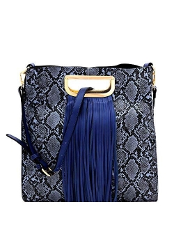 Snake Leopard Animal Print Fringed Vegan Leather Handle Satchel Crossbody Purse