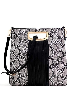 Snake Leopard Animal Print Fringed Vegan Leather Handle Satchel Crossbody Purse