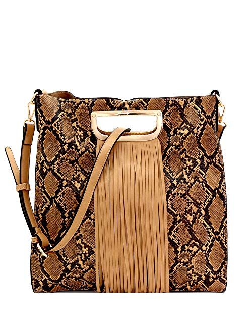 Snake Leopard Animal Print Fringed Vegan Leather Handle Satchel Crossbody Purse