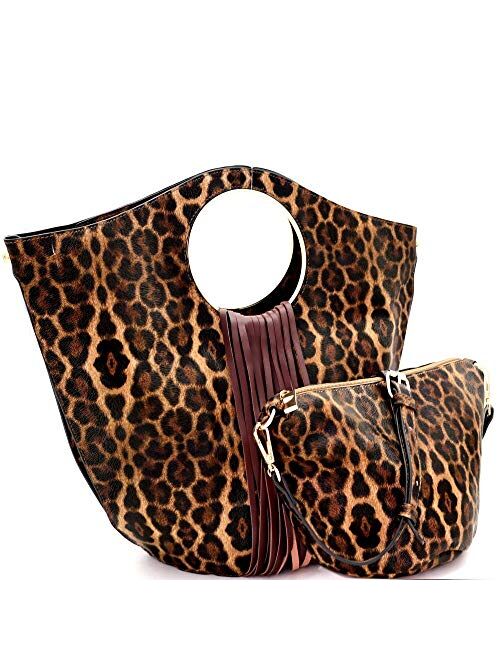 Snake Leopard Animal Print Fringed Vegan Leather Handle Satchel Crossbody Purse