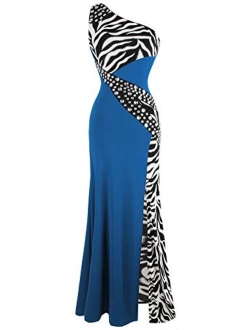 Angel-fashions Women's One Shoulder Zebra Gemstones Splicing Evening Dress