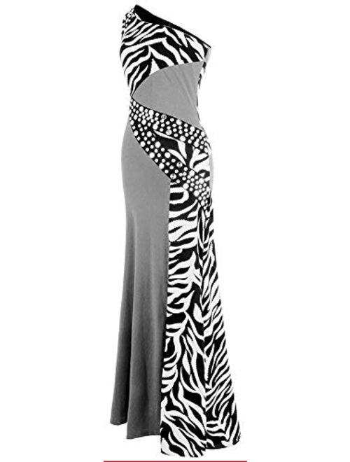 Angel-fashions Women's One Shoulder Zebra Gemstones Splicing Evening Dress