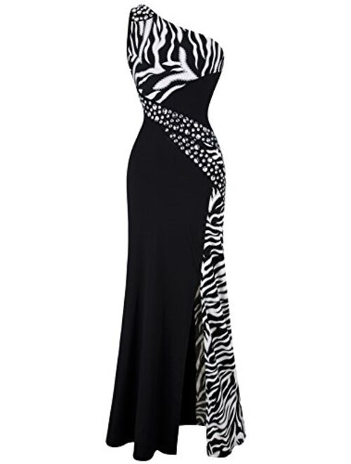 Angel-fashions Women's One Shoulder Zebra Gemstones Splicing Evening Dress