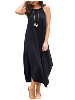 YiNai Womens Casual Summer Halter Maxi Loose Dress Beach Cami Dress with Pockets