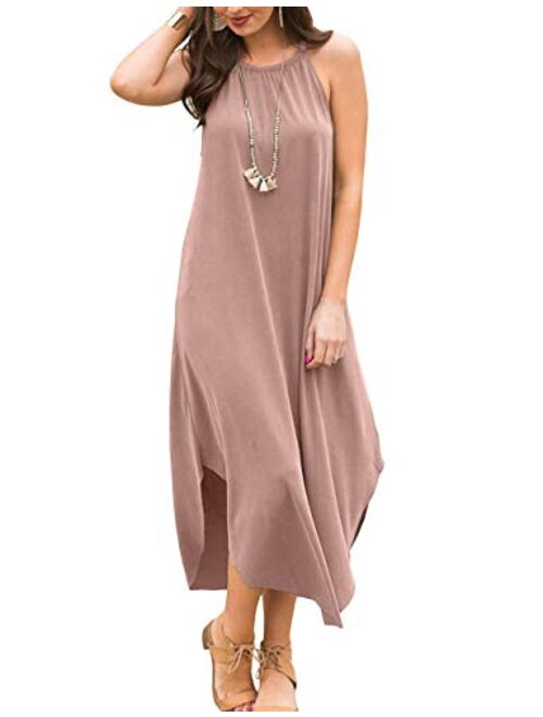 YiNai Womens Casual Summer Halter Maxi Loose Dress Beach Cami Dress with Pockets