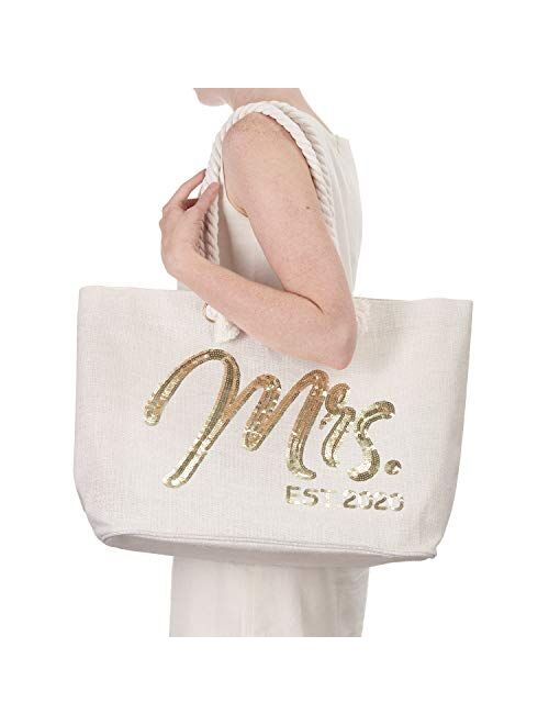 ElegantPark Wifey Wedding Bride Tote Bridal Shower Gift Interior Pocket White Jumbo Shoulder Bag with Gold Sequin 100% Jute