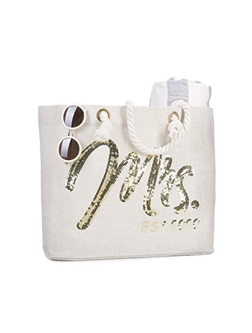 ElegantPark Wifey Wedding Bride Tote Bridal Shower Gift Interior Pocket White Jumbo Shoulder Bag with Gold Sequin 100% Jute