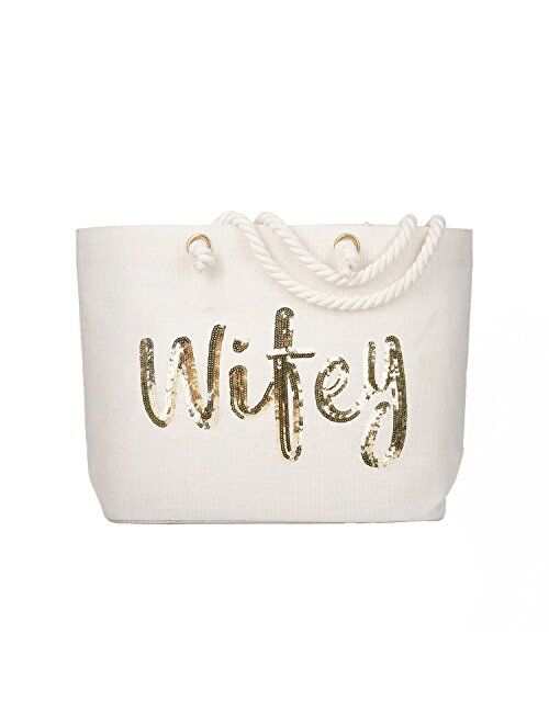 ElegantPark Wifey Wedding Bride Tote Bridal Shower Gift Interior Pocket White Jumbo Shoulder Bag with Gold Sequin 100% Jute