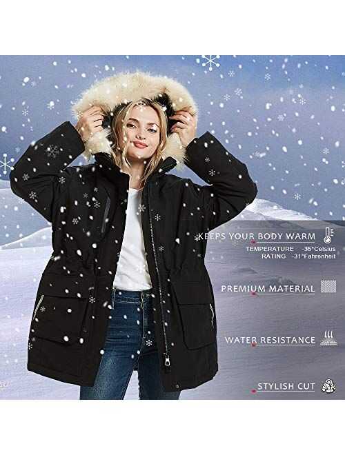 Ajoite Women's Down Windproof Thicken Outdoor ski Jacket, Waterproof Zipper Closure, Hooded with Fur Trim, Relaxed Fit