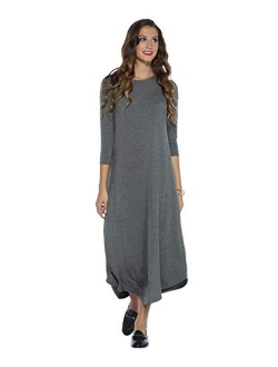 WUKOgals Tunic Modest 3/4 Straight Sleeve A-Line Midi Swing Dress with Curved Hemline