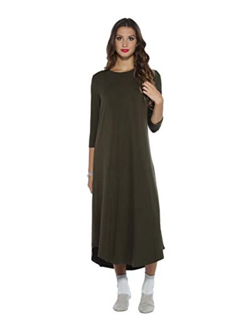 WUKOgals Tunic Modest 3/4 Straight Sleeve A-Line Midi Swing Dress with Curved Hemline